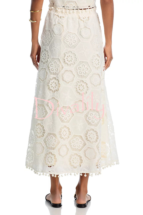 Nice Try Embroidered Crochet Lace Tassle Trim Elastic Waist Midi Skirt