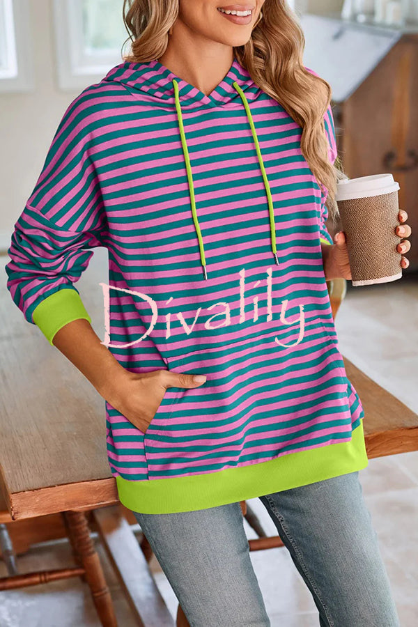 Striped Print Long Sleeve Pocket Loose Hoodie