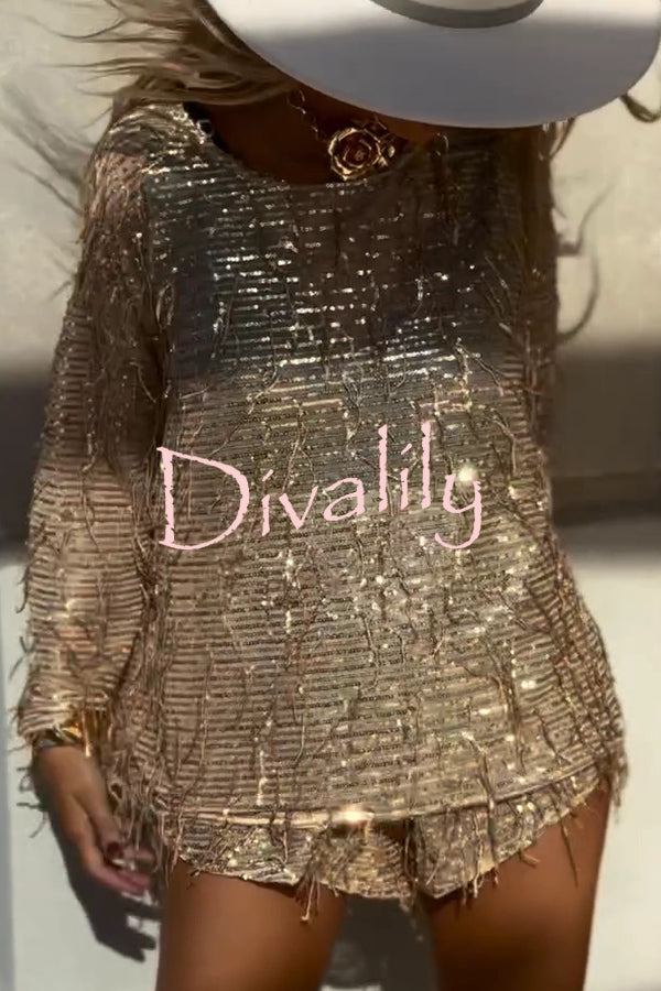 Fashion Sequin Round Neck Long Sleeve Tassel Top and Elastic Waist Casual Shorts Set