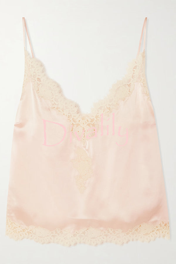 Celebration Look Contrast Color Satin Lace Trim V-Neck Slip Tank
