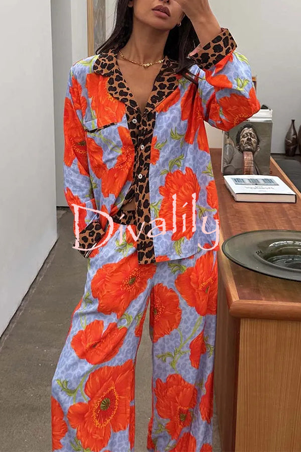 Color-block Poppy Leopard Print Trim Loose Shirt and Elastic Waist Pocketed Pajama Set