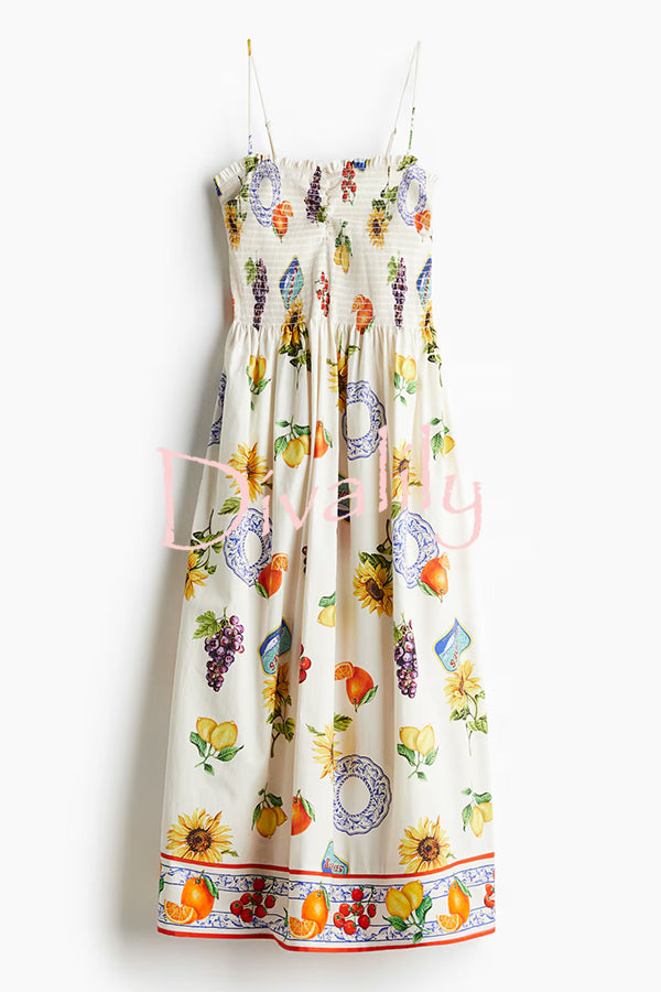 Summer Fruit Print Sling Pleated Vacation Midi Dress