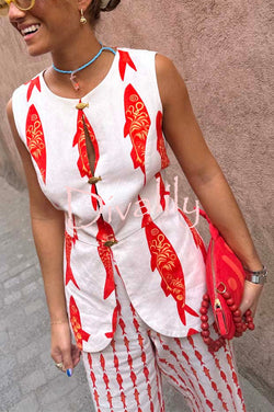 Good Luck Linen Blend Koi Pattern Metal Buttons Waisted Vest