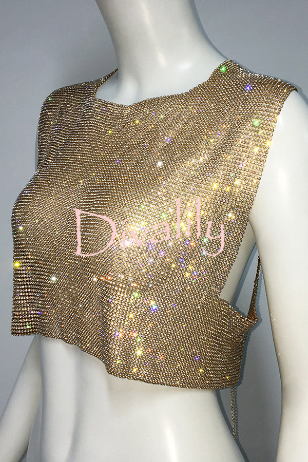 Sexy Metallic Rhinestone Backless Chain Vest