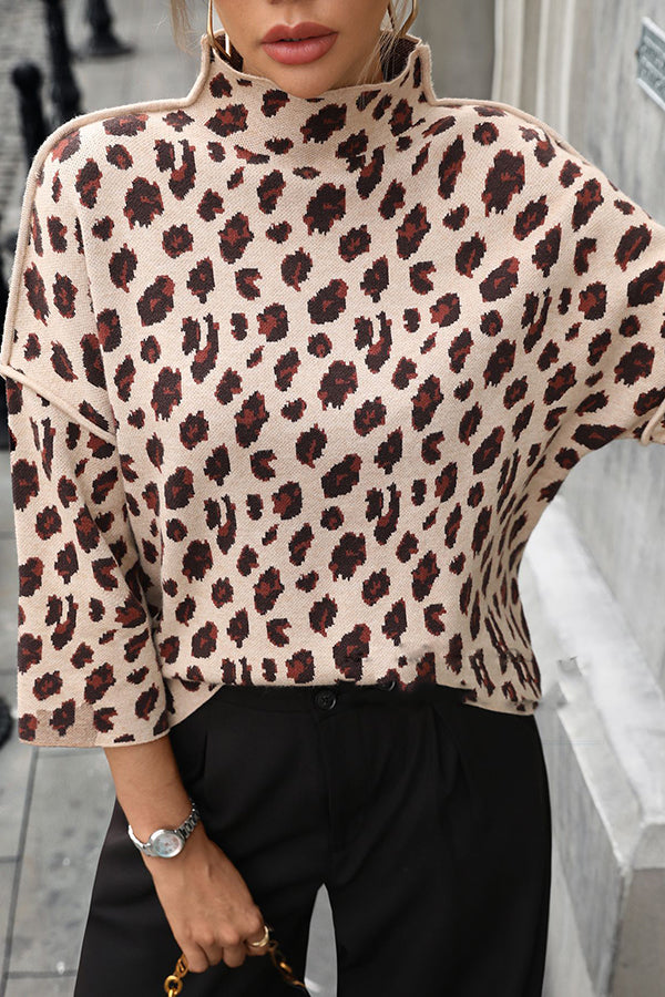 Leopard Print Loose Turtleneck Casual Knitted Sweater