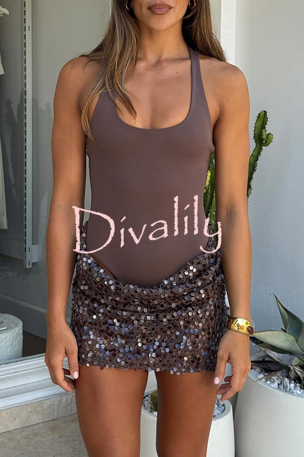 Shine Your Event Ruched Sequin Draped Hem Tank Stretch Mini Dress