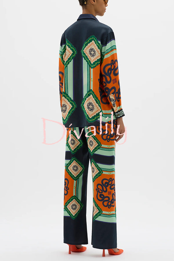 Vacation Times Satin Unique Print Elastic Waist Pocketed Wide Leg Pants