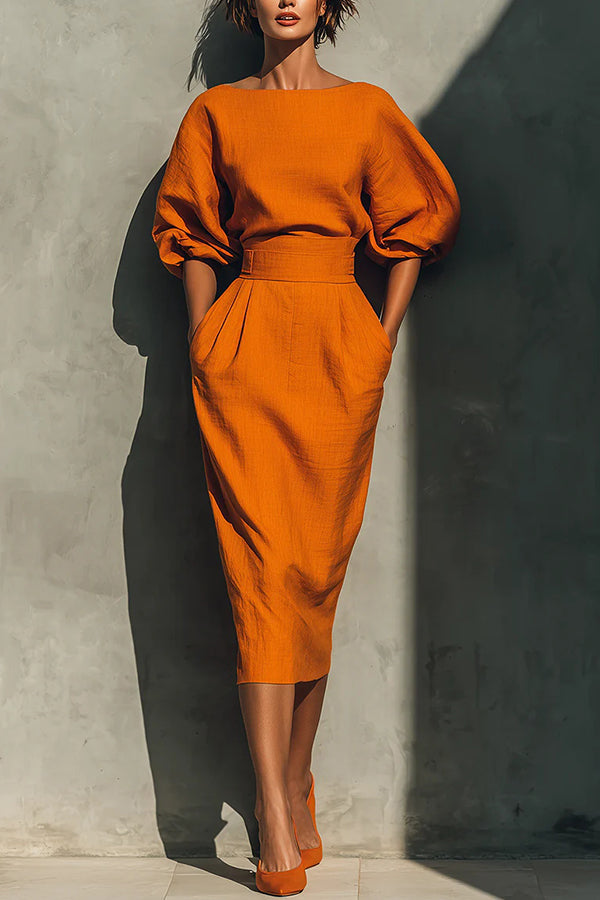 Elegant Puff Sleeve High-waisted Pocket Casual Midi Dress