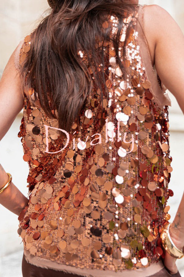 Fashionable Sequined Round Neck Sleeveless Loose Vest