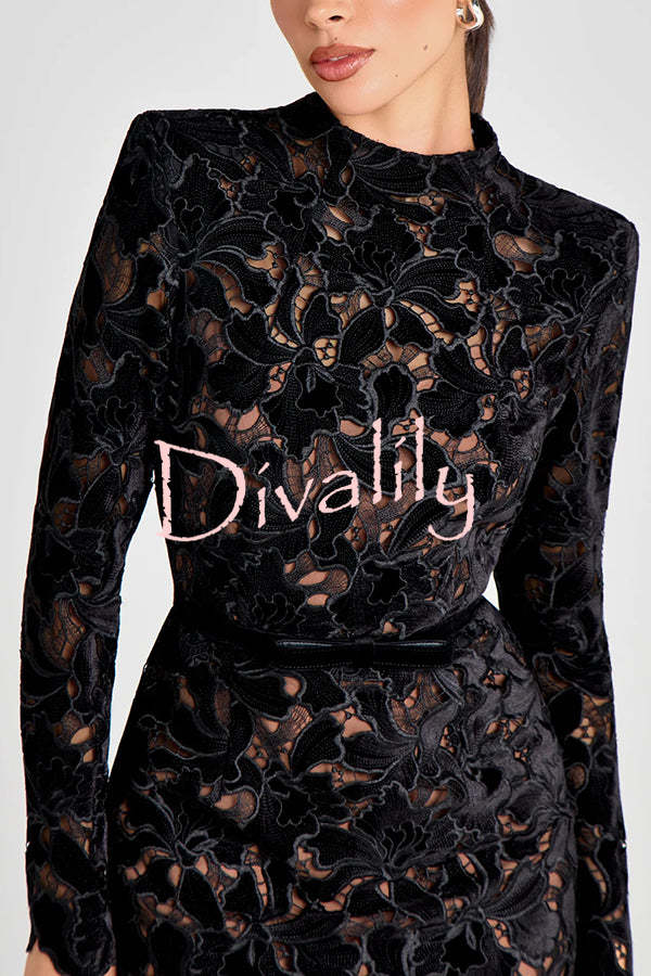 Diane Velvet Embroidered Floral Lace Long Sleeve Belt Scallop Edge Midi Dress