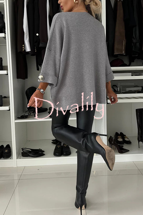 Elegance and Modern Knit Button Detail Half Sleeve Loose Sweater