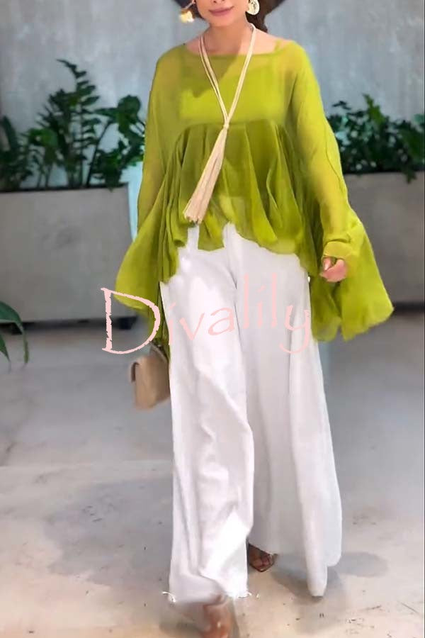 Romantic Journey Chiffon Ruffle Batwing Sleeve Top and Elastic Waist Pocket Loose Pants Set