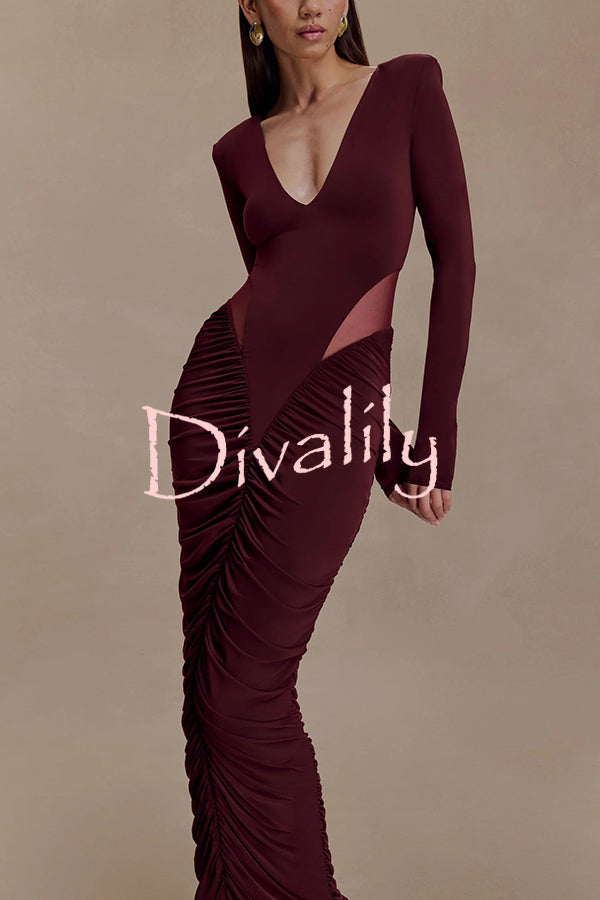 Sexy See-through Long-sleeved V-neck Pleated Slim-fit Maxi Dress