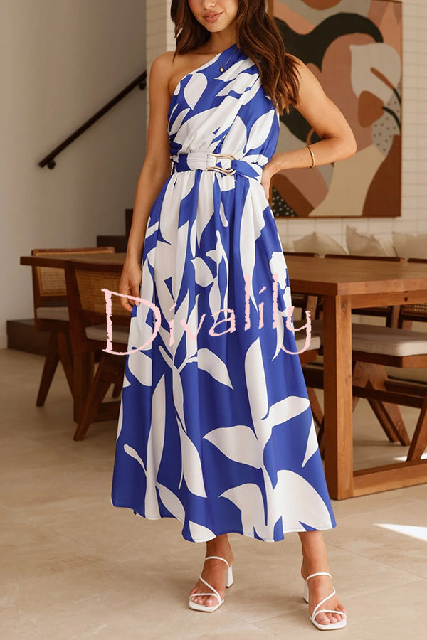 Unique Print Sleeveless One Shoulder Belted Maxi Dress