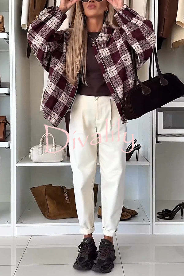 Fashion Plaid Print Lapel Long Sleeve Loose Zipper Jacket