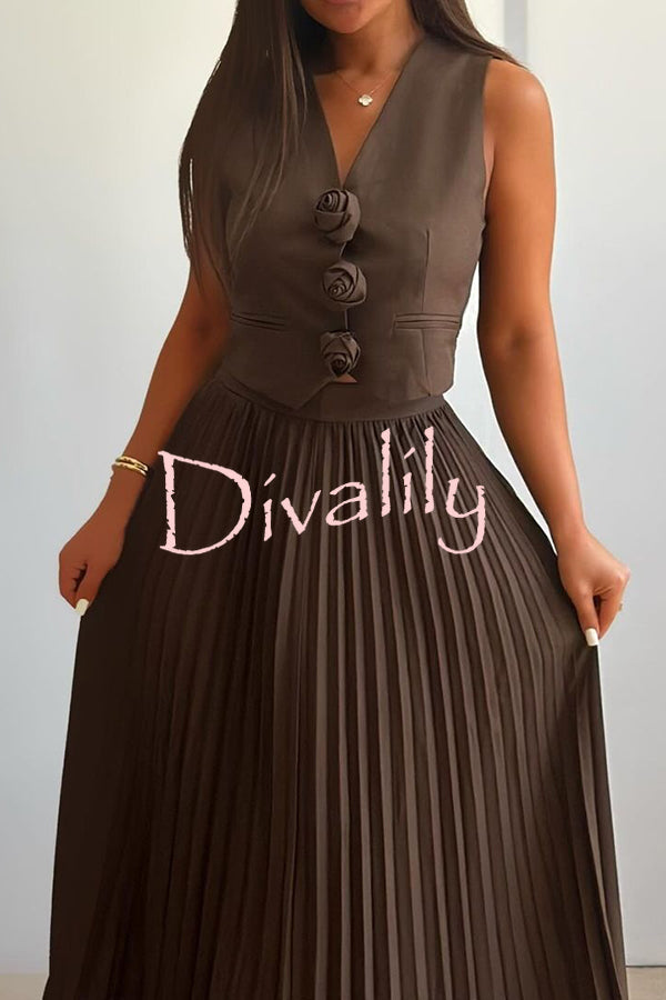 Stylish Rosette Sleeveless Tank Top and Pleated Maxi Skirt Set