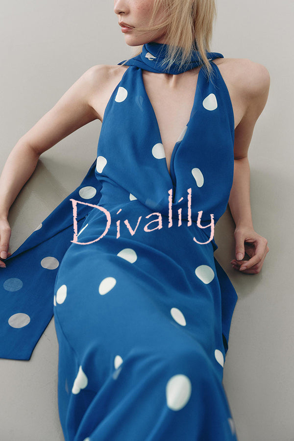 Fashion Polka Dot Print Sexy Halter Neck Backless Maxi Dress