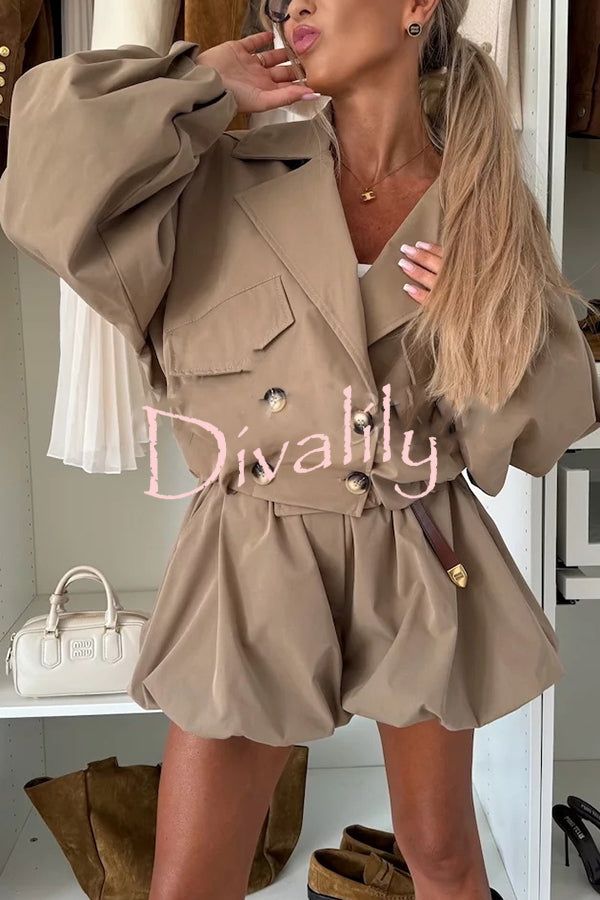 Fashion Style Button Long Balloon Sleeve Pocket Lapel Casual Bomber Jacket