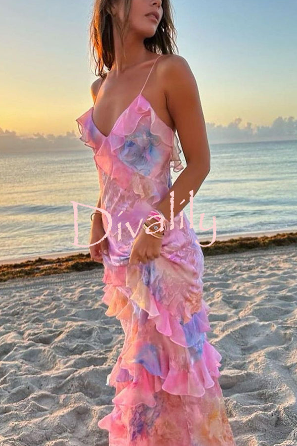 Multicolor Tie-dye Sexy Backless Wave-hem Strap Maxi Dress