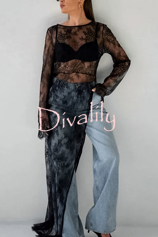 Sexy Openwork Lace Long-sleeved Asymmetrical Casual Top