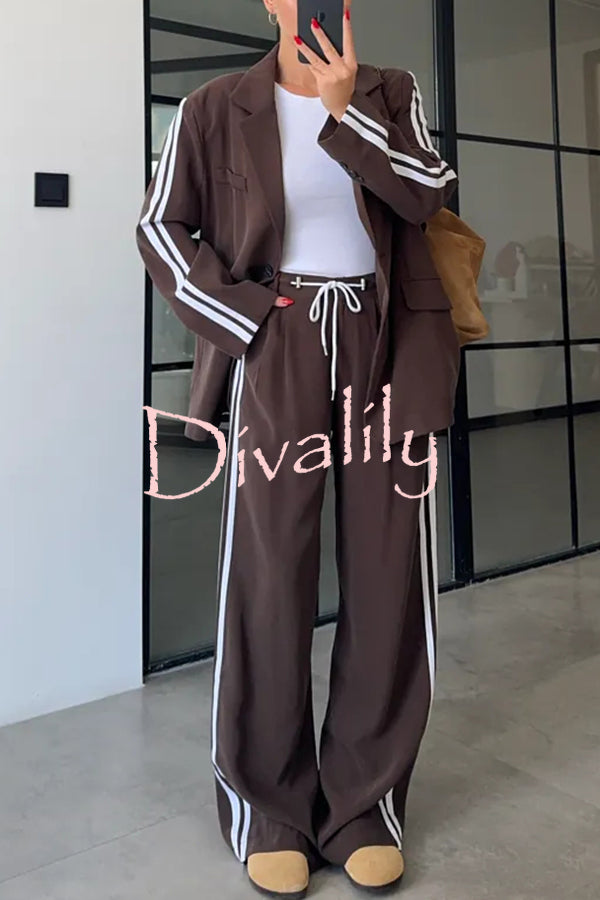 Levvie Striped Trim Long Sleeve Lapel Blazer and Rope Belt Pocketed Wide Leg Pants Set