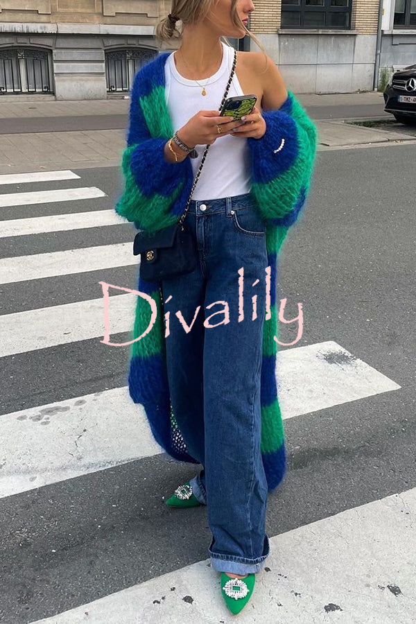 Fashionable Contrast Stripes Lazy Style Loose Long Knitted Cardigan