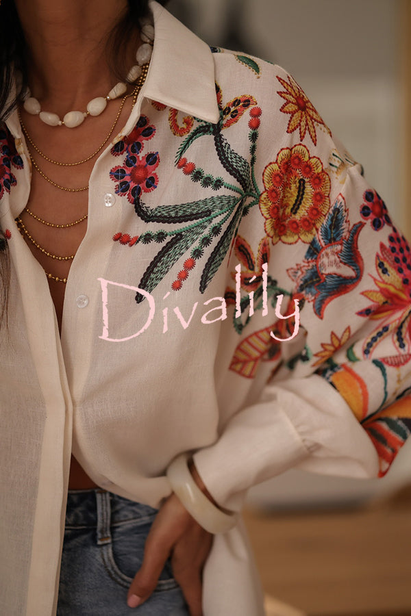 Botanical Print Loose Lapel Long Sleeve Casual Shirt