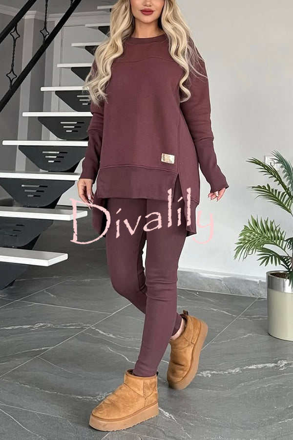 Solid Color Crew Neck Long Sleeve Top and Casual Stretch Pants Set