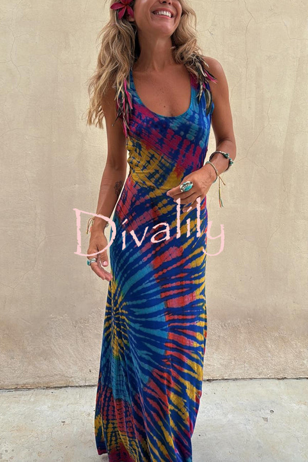 Coastal Crush Tie-dye Print Back Lace-up Stretch Maxi Dress
