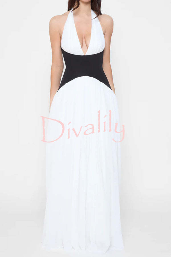 Fashionable Color Matching Sexy Halter Neck Waist Maxi Dress
