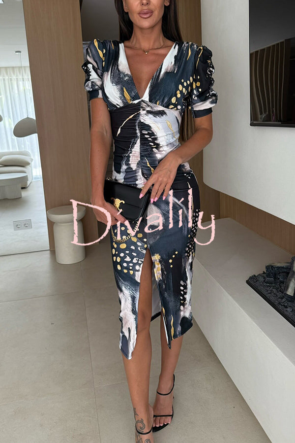 Unique Print V-Neck Puff Sleeve Slit Slim Midi Dress