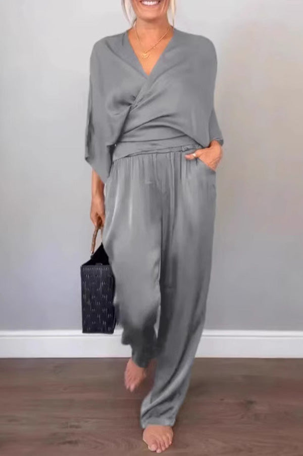 Satin Solid Color V-neck Crossover Top and Loose Pocket Pants Set