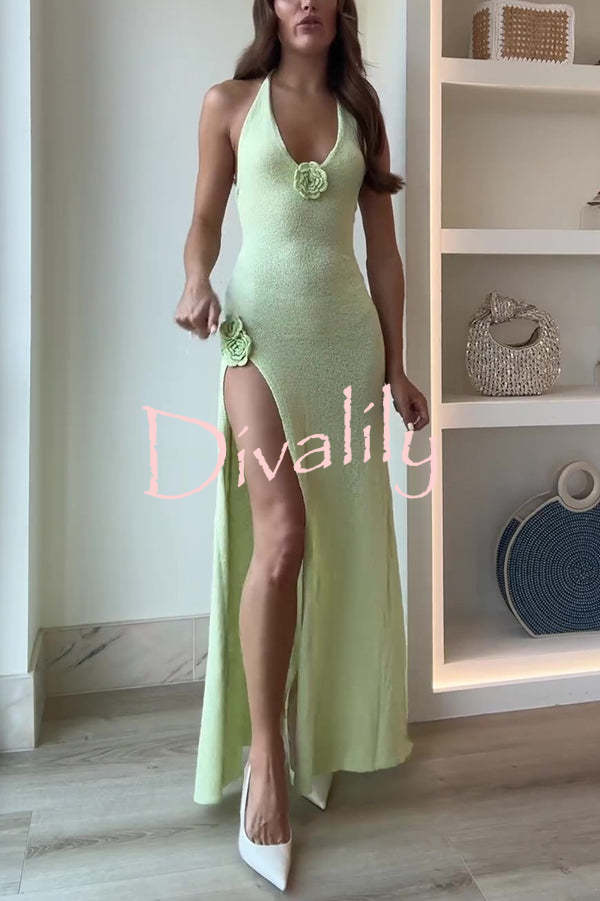 Linnie Knit Flower Pendant Halter Backless Slit Stretch Maxi Dress