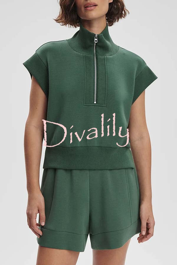 Buttery Touch Half-Zip Short Sleeve Sweatshirt and Elastic Waist Pocket Casual Shorts Set