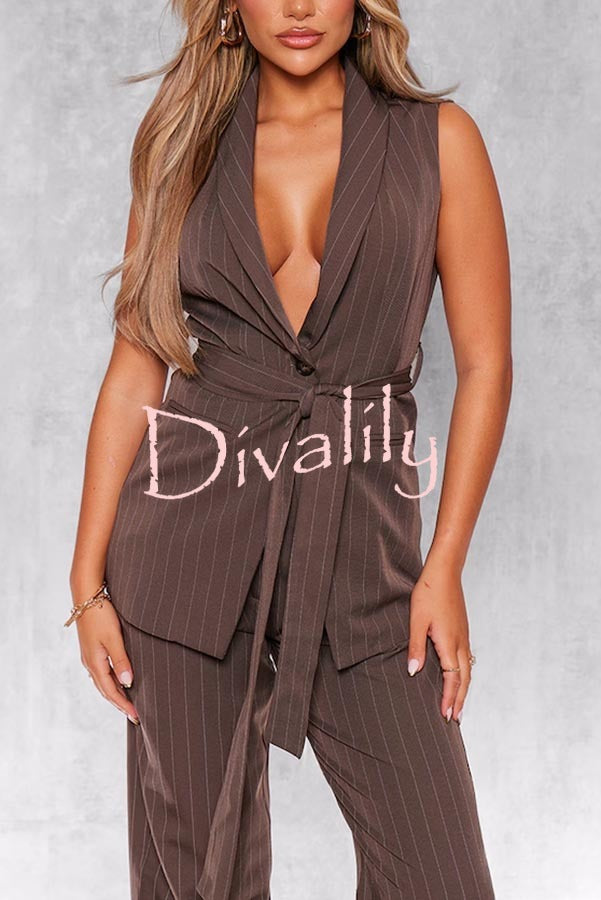 Goal Digger Striped Button Belted Lapel Vest and Pocketed Wide-leg Pants Set