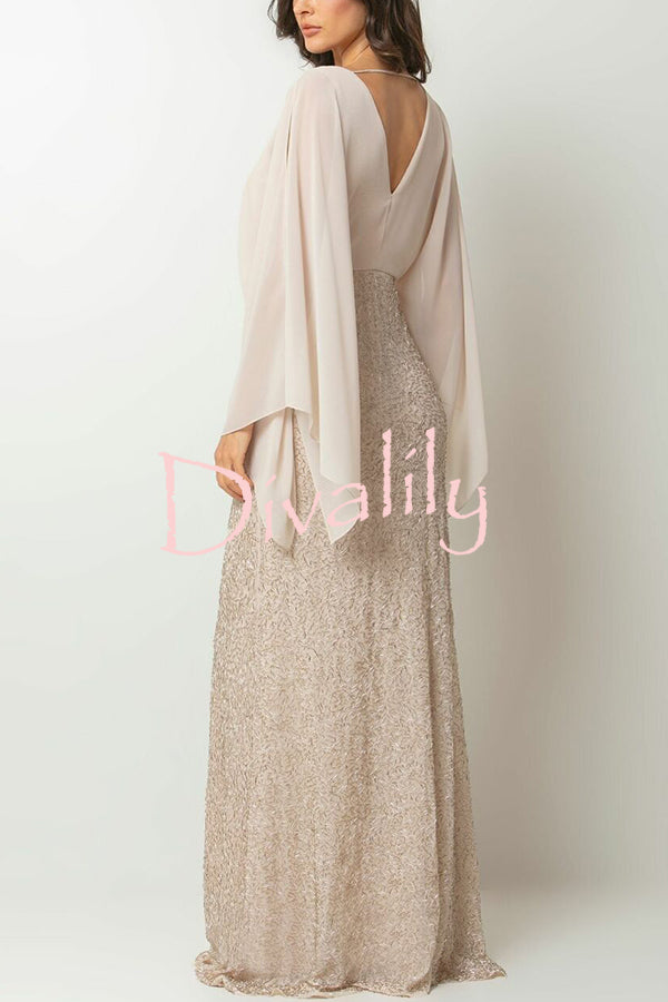 Aleina Chiffon Batwing Sleeve Flower Embroidered Waist Sequin Fabric Maxi Dress