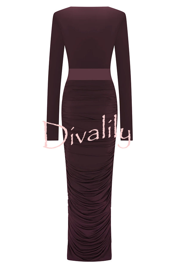 Sexy See-through Long-sleeved V-neck Pleated Slim-fit Maxi Dress