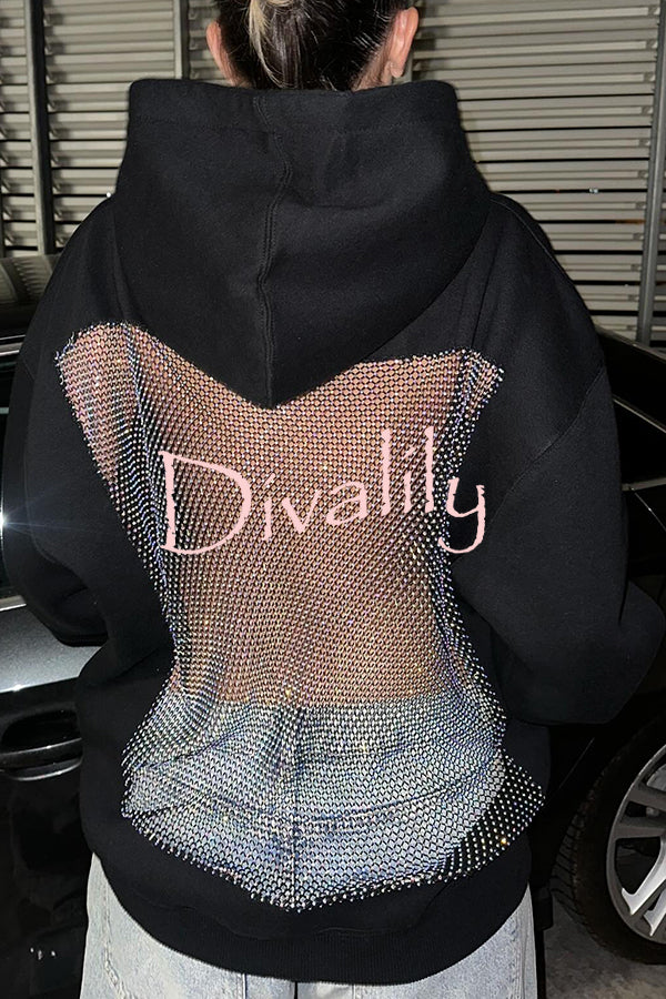 Fashionable Shiny Mesh Hollow Back Loose Long-sleeved Hooded Sweatshirt