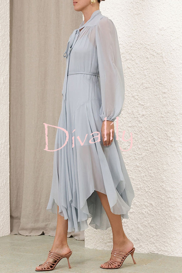 Elegant and Graceful Tie-up Neck Long Balloon Sleeve Handkerchief Midi Dress
