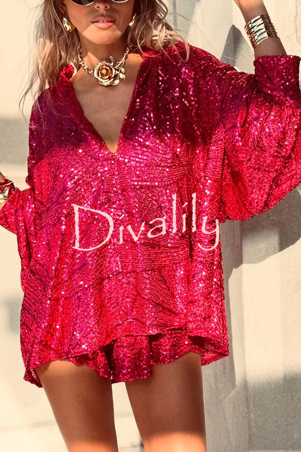 Fashion Sequin V-neck Long Sleeve Loose Top and Elastic Waist Casual Shorts Set