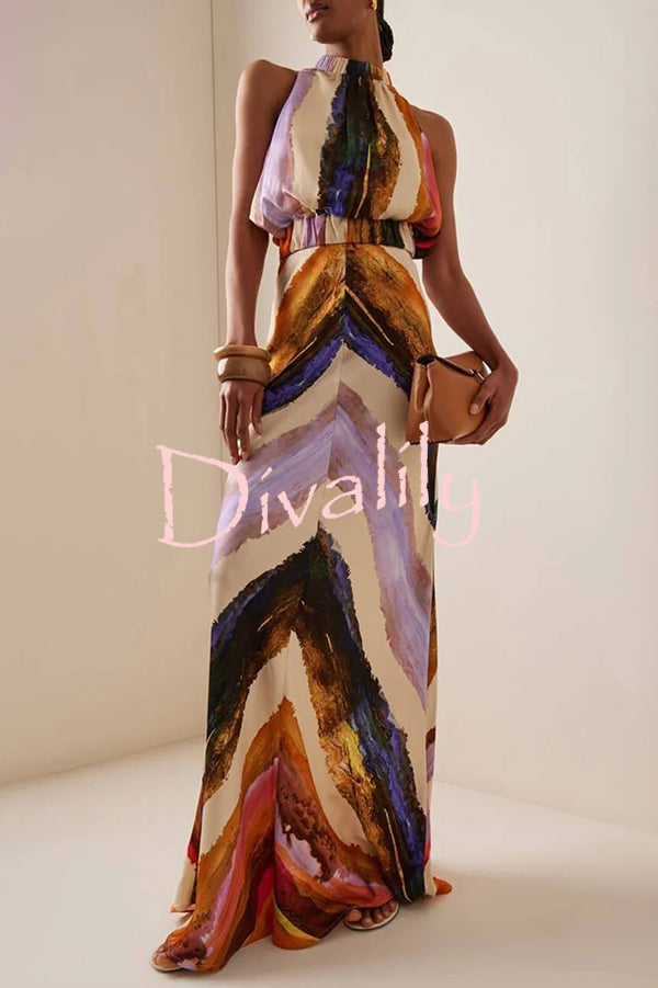 Unique Print Sleeveless Stretch Stand Collar Top and Elegant Maxi Skirt Set