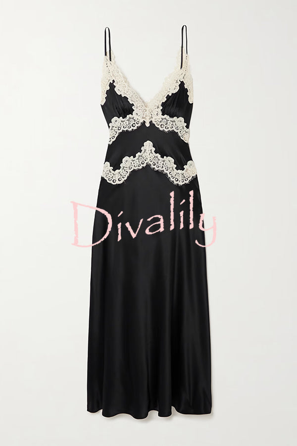 Dreaming of You Contrast Color Satin Lace Trim Back Tie-up Slip Midi Dress