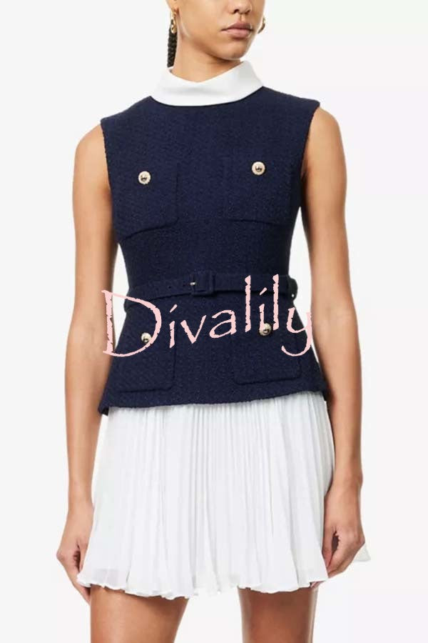 Sporty Elegance Tweed Metal Button Belted Pleated Hem Mini Dress