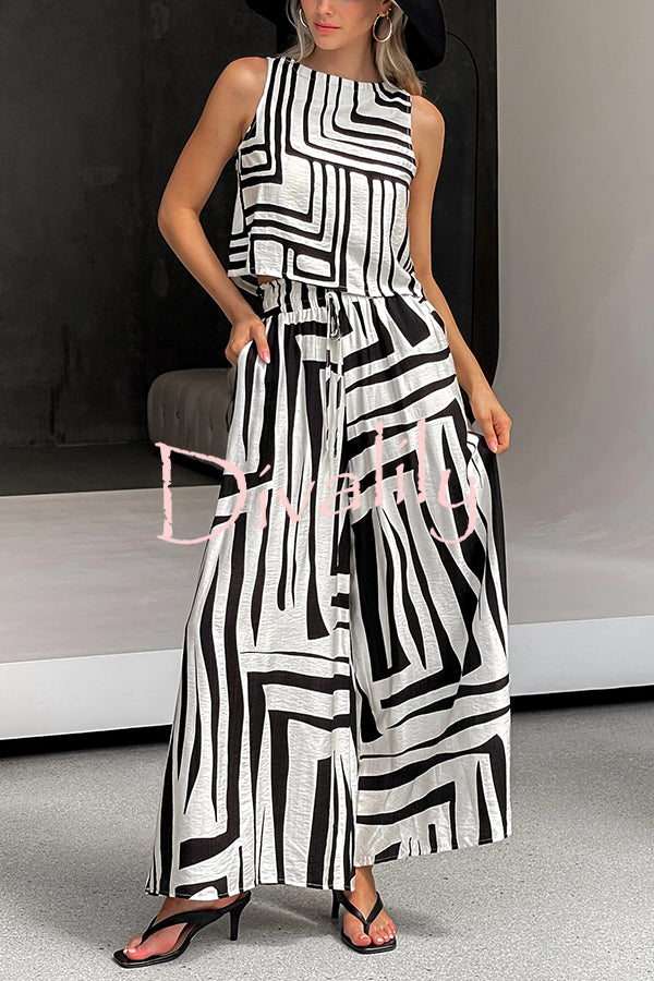 Striped Printed Sleeveless Casual Top and Elastic Waist Loose Pocket Wide-leg Pants Set