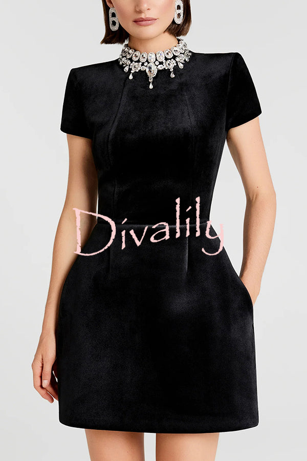 Regan Luxurious Velvet Jewel-encrusted Turtleneck Short Sleeve Pocket Tulip Mini Dress