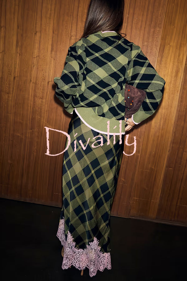 Holiday Plaid Knit Color-blocked Trim Button Long-sleeved Loose Cardigan