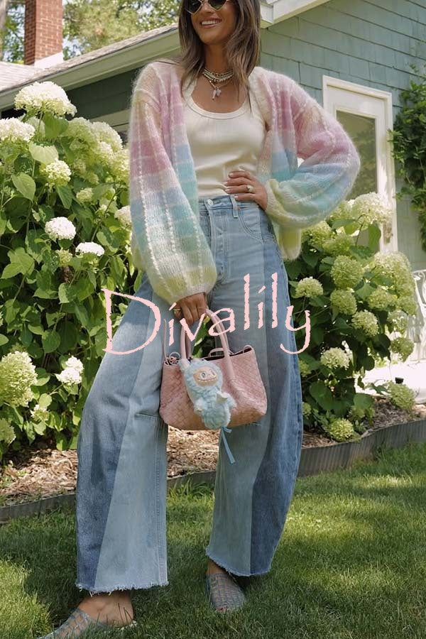 Palette Day Knit Color Blocks Open Front Balloon Sleeve Loose Cardigan