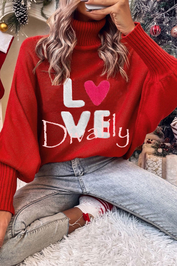 Happy Holidays Contrast Love Letter Turtle Neck Bat Sleeve Sweater