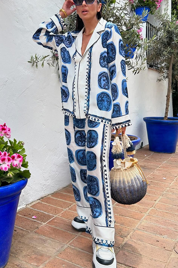 Love The Deep Sea Unique Print Long Sleeve Loose Shirt and Elastic Waist Pants Set