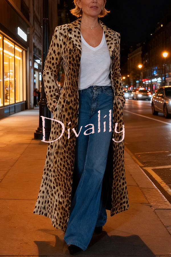 Leopard Print Long Sleeve Pocket Casual Maxi Trench Coat